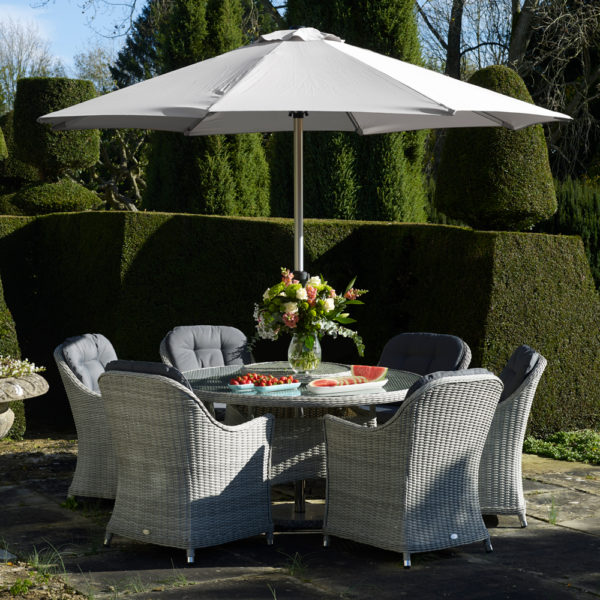 Bramblecrest Monterey 6 Seat 140cm Round Table Set with Lazy Susan & Parasol - Dove Grey
