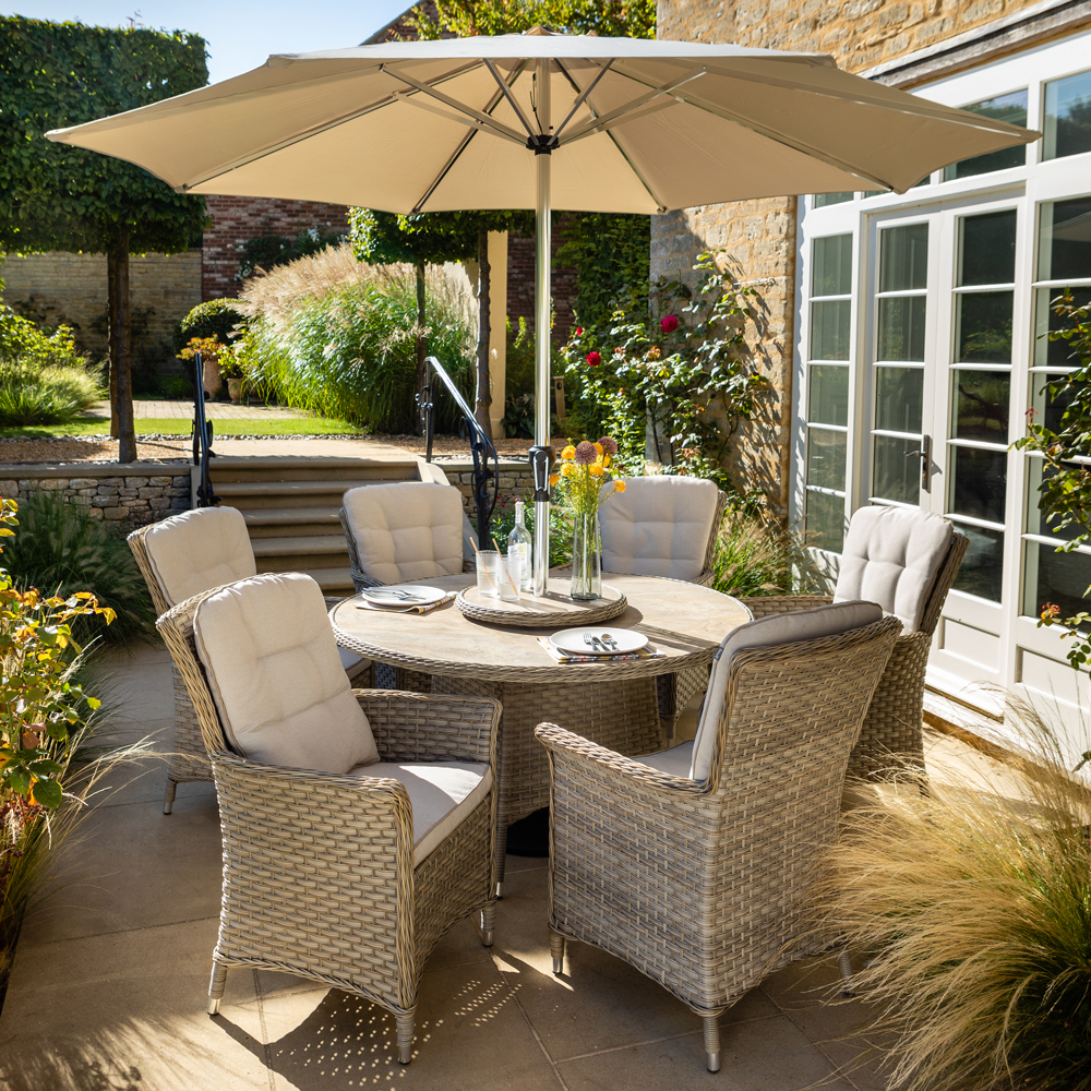 Hartman Heritage 6 Seat Ceramic Round Table Dining Set with Lazy Susan Parasol Beech Dove