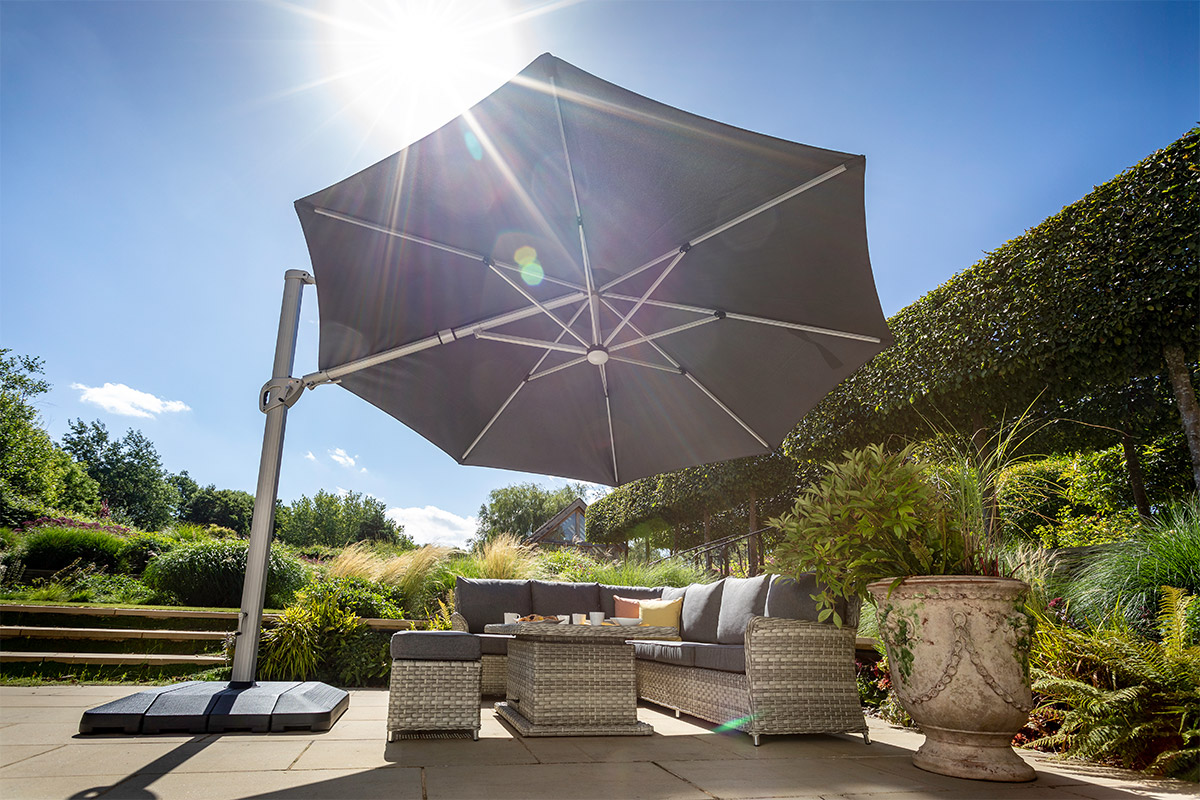 Hartman 3.5m Round Round Cantilever Parasol with Lights and Base Grey - Garden Centre