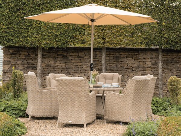 Bramblecrest Chedworth Sandstone Rattan 6 Seat Round Dining Set with Lazy Susan, Parasol & Base - Image 2