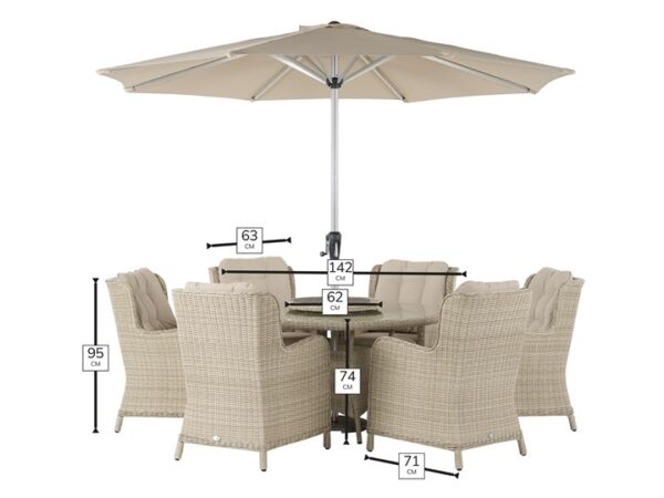 Bramblecrest Chedworth Sandstone Rattan 6 Seat Round Dining Set with Lazy Susan, Parasol & Base - Image 6