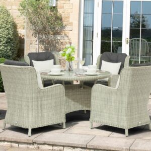Bramblecrest Chedworth Dove Grey Rattan 4 Seat Round Dining Set with Parasol & Base